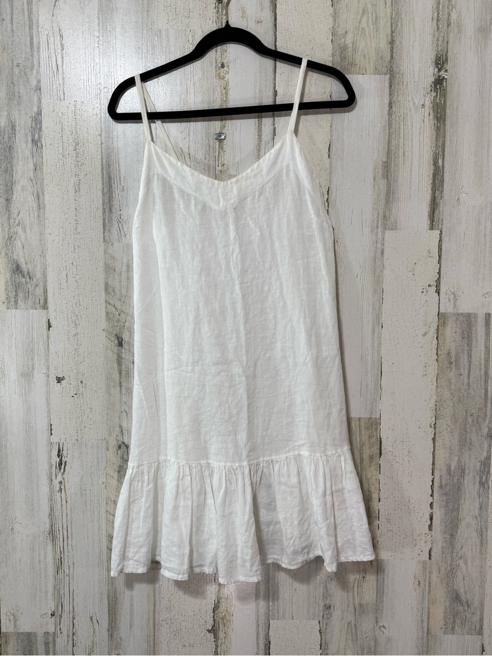 White Linen Spaghetti-Strap Ruffle-Hem Mini Dress